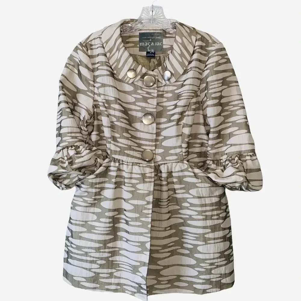 MAC & JAC* Sage & Ivory Animal Print Jacket Peplum Style 3/4 Puffy Sleeves Sz 10 - Picture 3 of 10